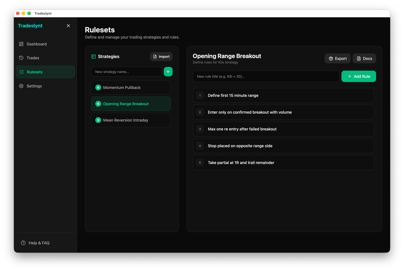 Tradeslynt rulesets view with strategy playbook structure and rule list.